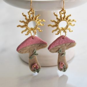 Sun Charm with Tall Mushroom Dangle Earrings