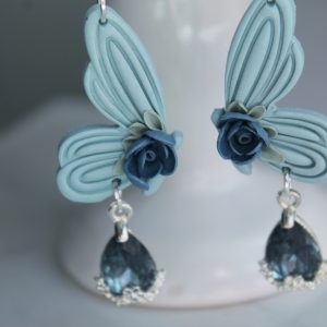 Butterfly Wings/Blue Roses with Rhinestone Earrings
